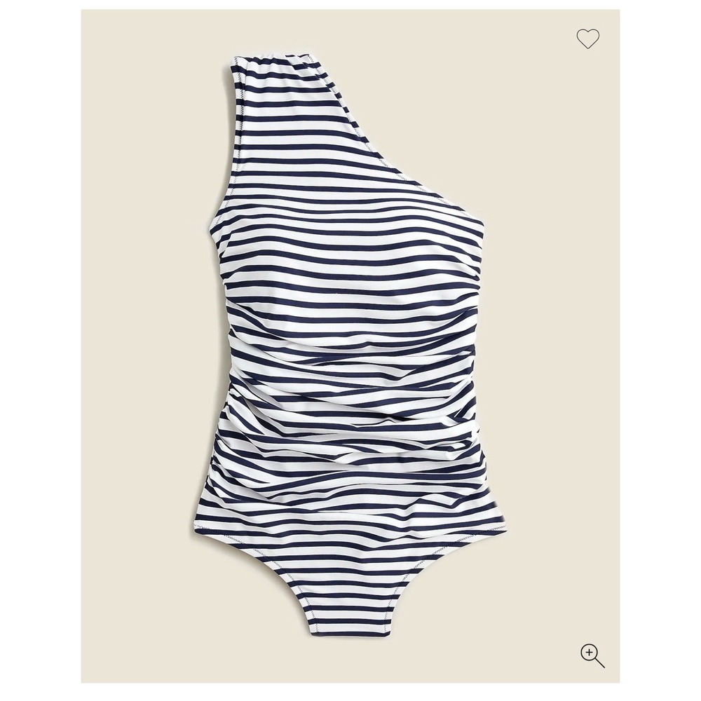 J.Crew Ruched One Shoulder One Piece Navy White Stripe Size 14 Coastal NEW - Picture 2 of 16